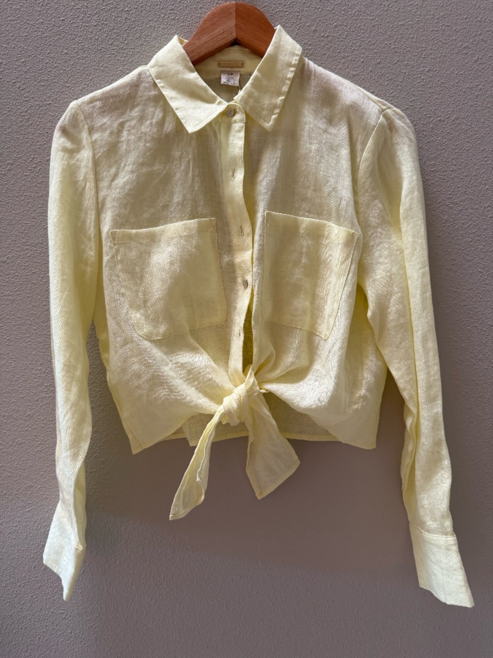 Magaschoni Pale Yellow linen blouse with tie at waistline
